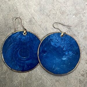 Genuine Blue Stained Glass Enclosed Hoop Earrings w/ Gold Trim